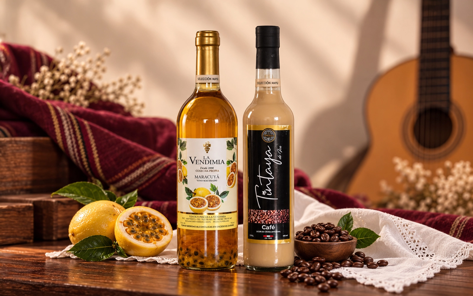 Vino frutado de maracuyá La Vendimia y crema de pisco café Tintaya, selección MAYU